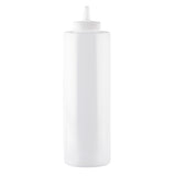A plain, clear 24 oz. Squeeze Bottle with a white, pointed nozzle cap. Cylindrical and unlabeled, it stands upright against a white background. Dishwasher safe and ideal for dispensing condiments or sauces.