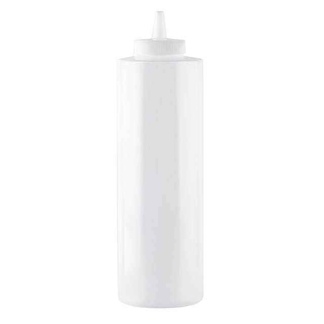 A plain, clear 24 oz. Squeeze Bottle with a white, pointed nozzle cap. Cylindrical and unlabeled, it stands upright against a white background. Dishwasher safe and ideal for dispensing condiments or sauces.