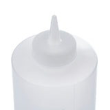 A close-up of a translucent WideMouth Squeeze Bottle with a pointed SelecTop nozzle cap. The bottle is cylindrical, and the cap has ridged edges for grip. Its 32 oz size and smooth surface stand out against the plain white background.