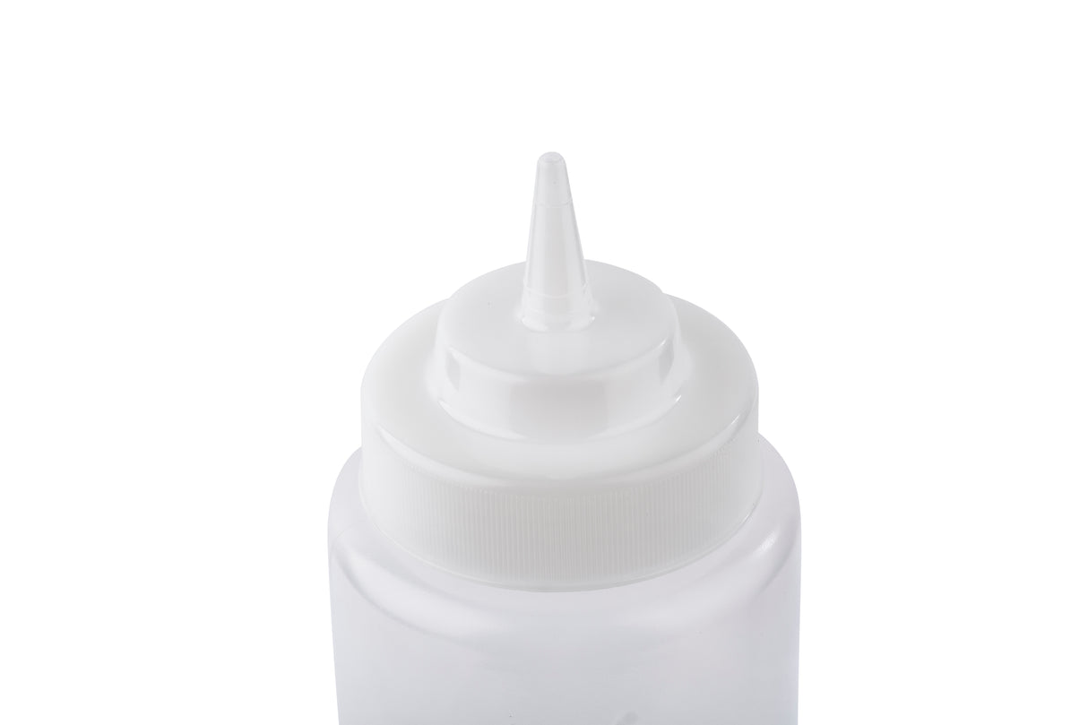 A clear plastic 32 oz squeeze bottle with a pointed nozzle tip and a white screw-on cap, shown against a white background. This dishwasher safe squeeze bottle is ideal for dispensing condiments, sauces, or craft supplies.