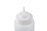 A clear plastic 32 oz squeeze bottle with a pointed nozzle tip and a white screw-on cap, shown against a white background. This dishwasher safe squeeze bottle is ideal for dispensing condiments, sauces, or craft supplies.