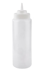 A clear, empty 32 oz WideMouth Squeeze Bottle with a white, pointed nozzle cap, perfect for condiments or sauces. It's upright against a plain white background and is dishwasher safe for easy cleaning.