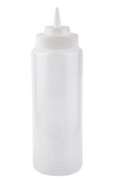 A clear, empty 32 oz WideMouth Squeeze Bottle with a white, pointed nozzle cap, perfect for condiments or sauces. It's upright against a plain white background and is dishwasher safe for easy cleaning.