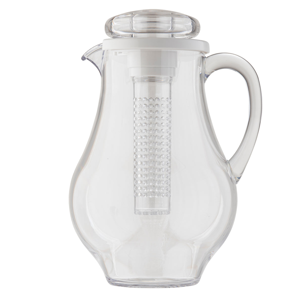 A clear polycarbonate infused pitcher with a curved handle, spout, and fitted lid. Inside, a removable cylindrical infuser with a textured surface extends from lid to base for steeping fruits or herbs. Dishwasher safe pitcher on a white background.