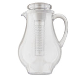 A clear polycarbonate infused pitcher with a curved handle, spout, and fitted lid. Inside, a removable cylindrical infuser with a textured surface extends from lid to base for steeping fruits or herbs. Dishwasher safe pitcher on a white background.