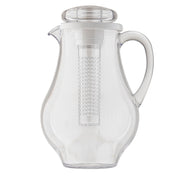 A clear polycarbonate infused pitcher with a curved handle, spout, and fitted lid. Inside, a removable cylindrical infuser with a textured surface extends from lid to base for steeping fruits or herbs. Dishwasher safe pitcher on a white background.