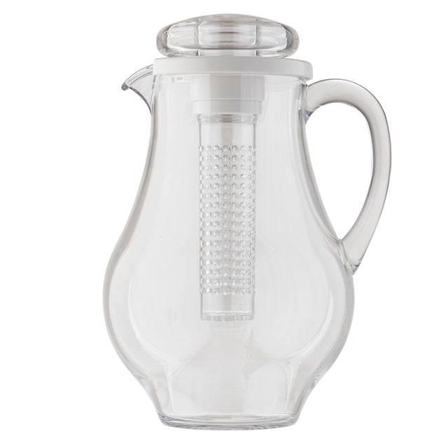 A clear polycarbonate infused pitcher with a curved handle, spout, and fitted lid. Inside, a removable cylindrical infuser with a textured surface extends from lid to base for steeping fruits or herbs. Dishwasher safe pitcher on a white background.