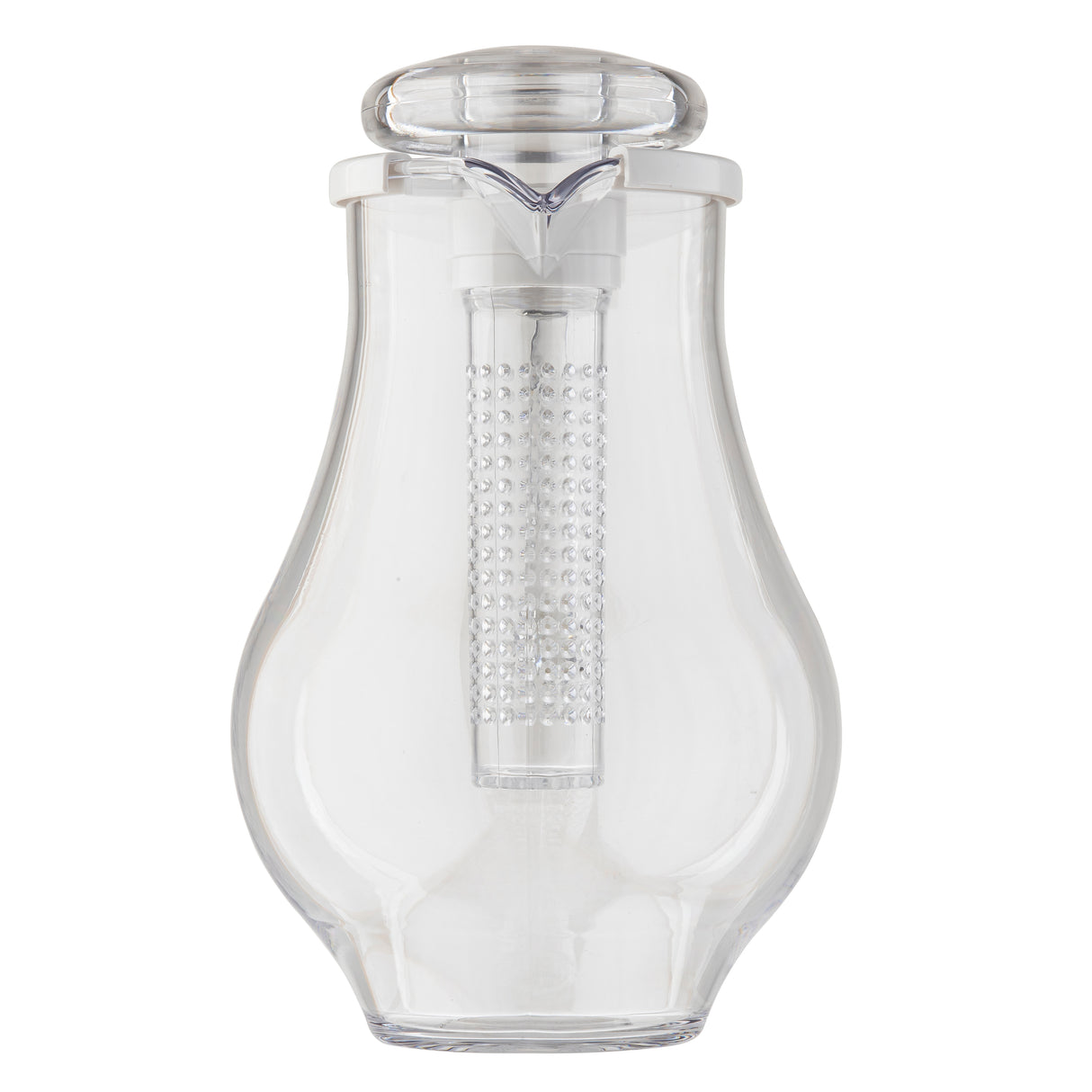 A sleek and modern infused pitcher, crafted from clear glass with a rounded shape and matching lid. It features a removable cylindrical infuser for flavoring drinks, making it an ideal dishwasher safe pitcher for easy cleaning.