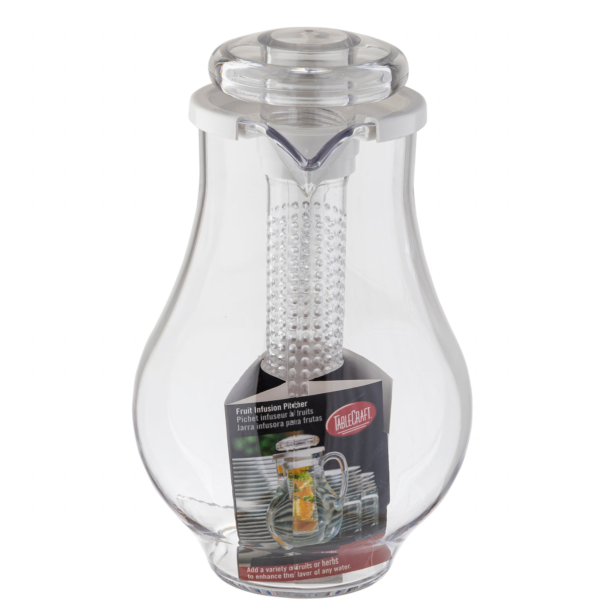 A clear, bulb-shaped polycarbonate pitcher with a built-in infuser tube and secure lid. The product label shows the infused pitcher filled with water, fruit slices, and ice on a table with glasses in the background.