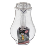 A clear, bulb-shaped polycarbonate pitcher with a built-in infuser tube and secure lid. The product label shows the infused pitcher filled with water, fruit slices, and ice on a table with glasses in the background.