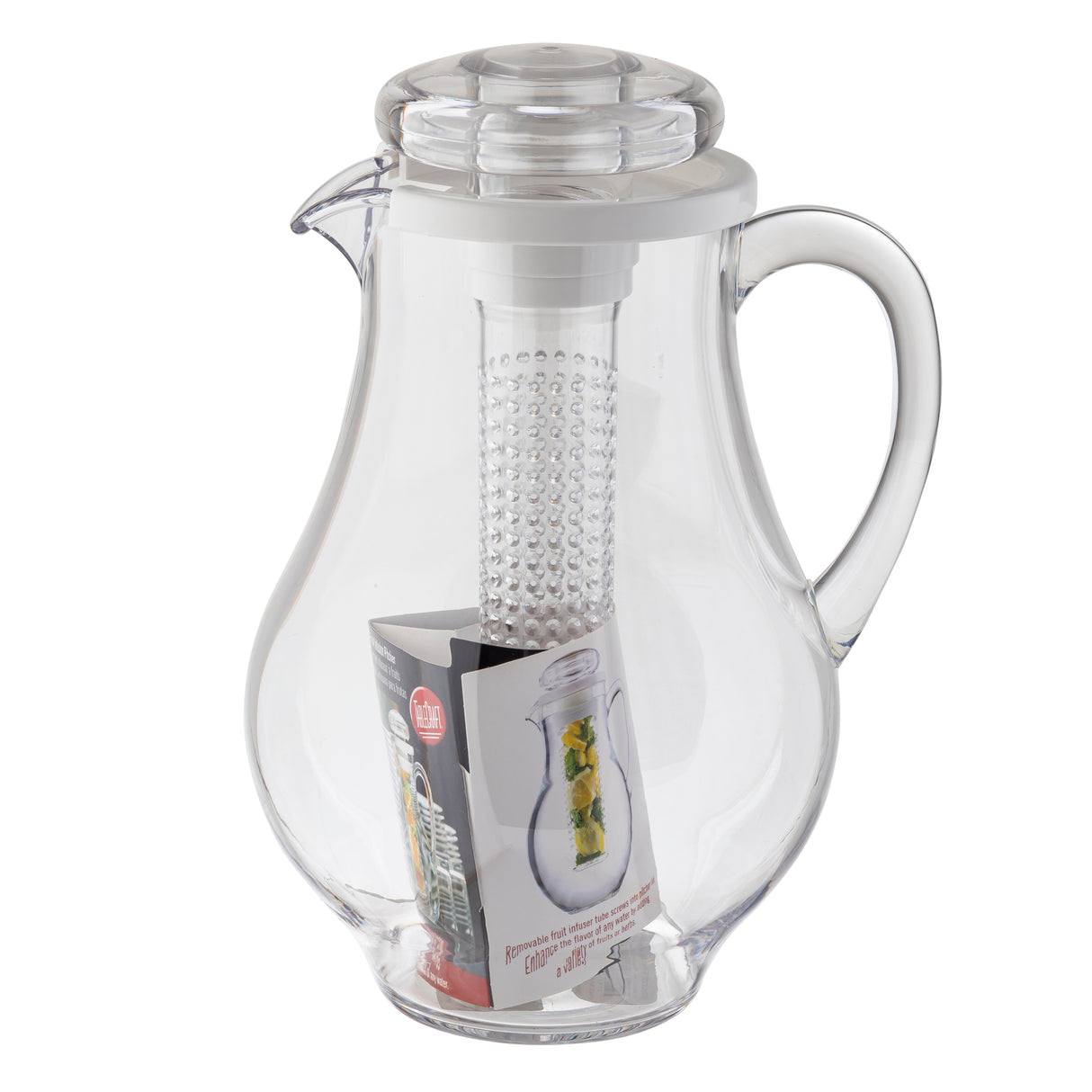 A clear polycarbonate pitcher with handle, spout, and lidded top features a removable infuser for infused drinks. The dishwasher safe pitcher comes with an info card inside, showing its versatility as the ideal infused pitcher for your kitchen.