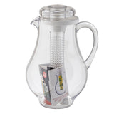 A clear polycarbonate pitcher with handle, spout, and lidded top features a removable infuser for infused drinks. The dishwasher safe pitcher comes with an info card inside, showing its versatility as the ideal infused pitcher for your kitchen.