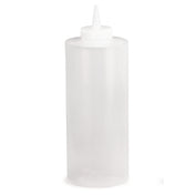 A clear, cylindrical 32 oz squeeze bottle with a white cone-shaped nozzle cap, commonly used for condiments like ketchup or mustard. Dishwasher safe and empty, it stands upright on a plain white background.