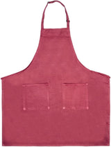 A plain, solid maroon bib apron with an adjustable neck strap and two square front pockets. Chef approved, the apron is laid flat on a white background, showcasing its full shape and design.
