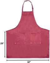 A chef-approved bib apron in a reddish-pink hue with two front pockets is displayed on a white background. Featuring an adjustable neck, the apron measures 28 inches tall and 32 inches wide with black measurement lines and numbers.
