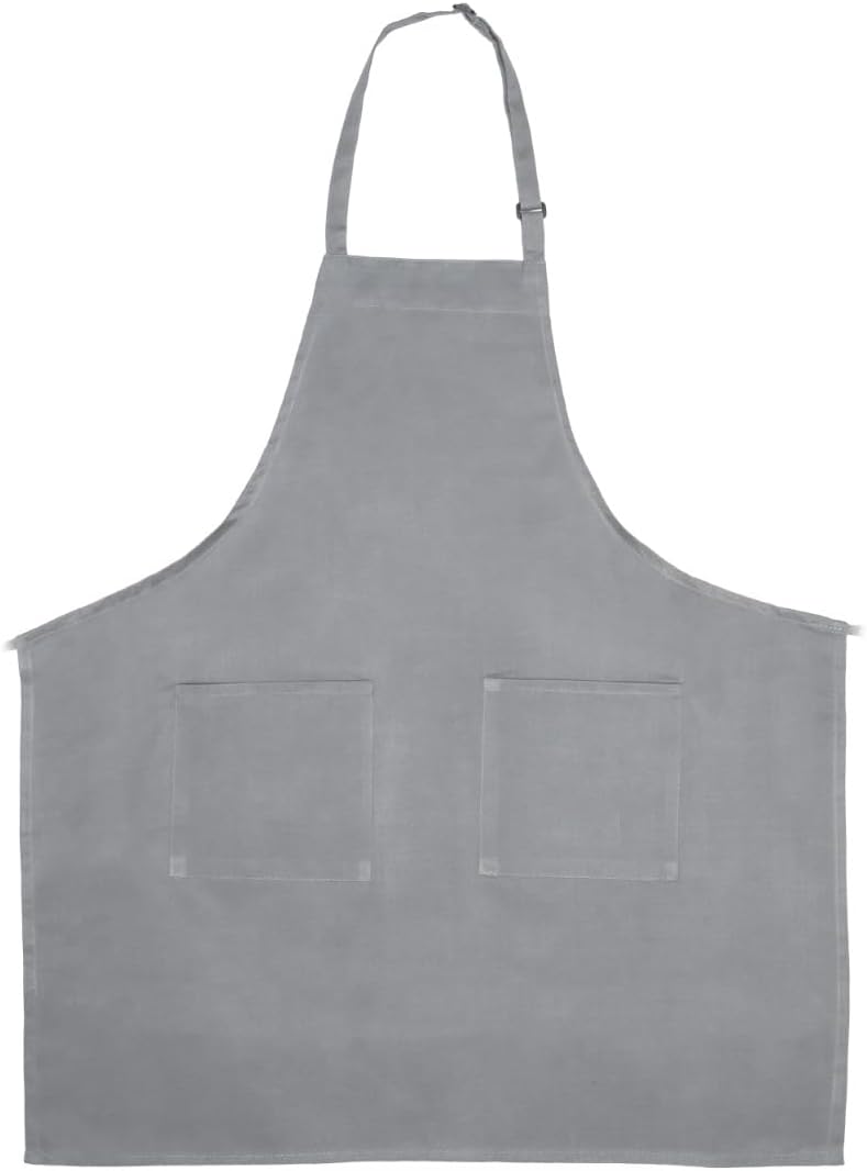 A plain light gray bib apron with an adjustable neck strap and two square front pockets, displayed flat against a white background. Chef approved, this apron is simple and unadorned—perfect for kitchen or craft use.