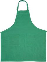 A plain green bib apron with an adjustable neck strap and two rectangular front pockets. Chef approved, it is spread flat to show its full shape and smooth fabric details.