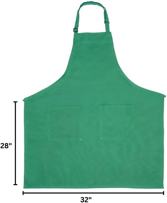 A green bib apron with two front pockets is shown. Chef approved, it features an adjustable neck strap and measures 28 inches in height and 32 inches in width, as indicated by black arrows and labeled dimensions along the sides.