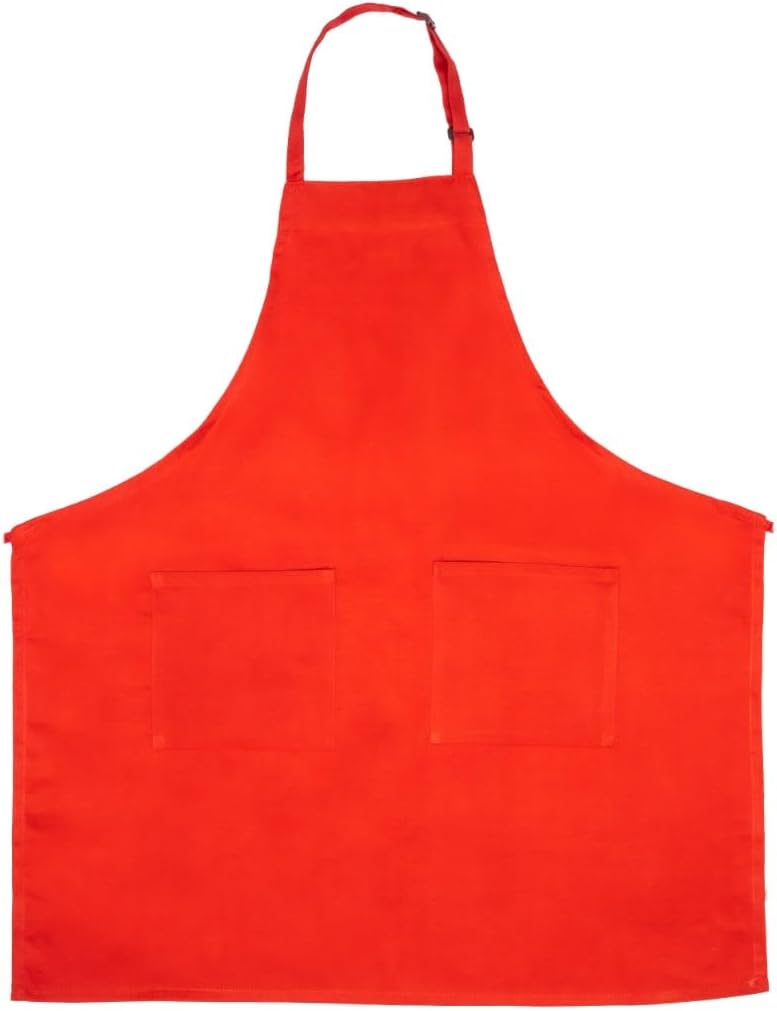 A bright orange bib apron with two front pockets and an adjustable neck strap. The chef approved design is simple and classic, covering the chest and waist, making it ideal for cooking or crafting. The fabric appears smooth and durable.