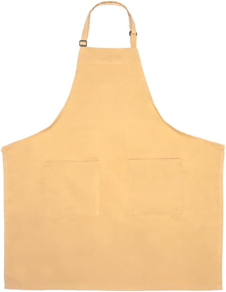 A plain, light tan bib apron with an adjustable neck strap, buckle, and two square front pockets. This chef approved design features straight edges and a simple look, perfect for cooking or crafting activities.