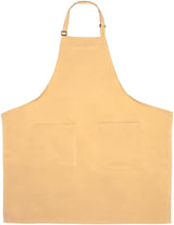 A plain, light tan bib apron with an adjustable neck strap, buckle, and two square front pockets. This chef approved design features straight edges and a simple look, perfect for cooking or crafting activities.