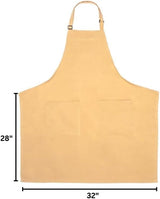 A tan chef approved bib apron with an adjustable neck strap and two front pockets is displayed flat. The apron measures 28 inches tall and 32 inches wide, with dimensions marked by black lines and text on the edges.