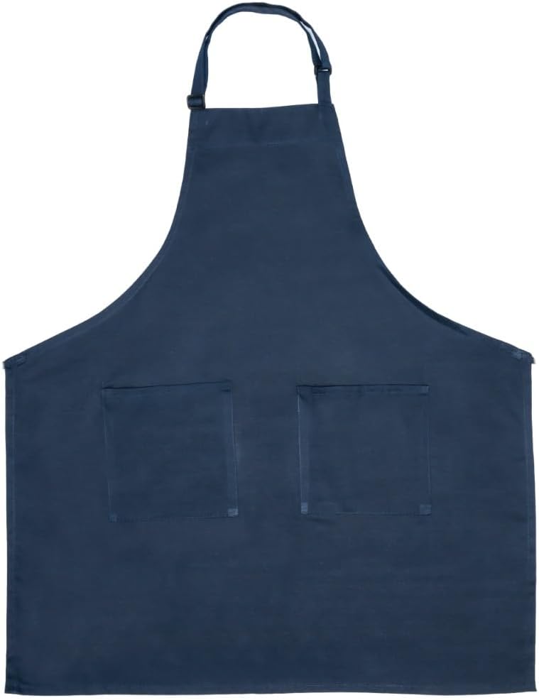 A plain, dark blue bib apron with an adjustable neck loop and two symmetrical front pockets. The apron is rectangular with slightly angled sides and is laid flat, showcasing its full shape and pocket details.