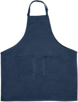 A plain, dark blue bib apron with an adjustable neck loop and two symmetrical front pockets. The apron is rectangular with slightly angled sides and is laid flat, showcasing its full shape and pocket details.