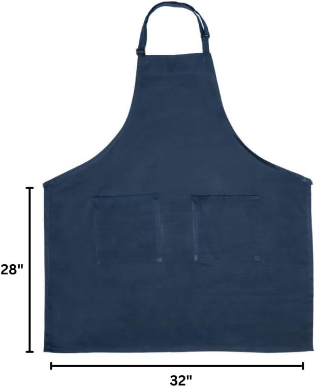 A navy blue bib apron with an adjustable neck strap and two front pockets is displayed flat against a white background. Black arrows and measurements indicate the chef approved apron is 28 inches tall and 32 inches wide.