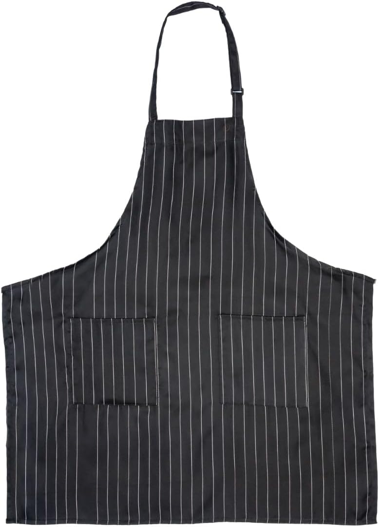 A chef-approved black bib apron with thin vertical white pinstripes, featuring two large front pockets and an adjustable neck strap. The apron is spread flat, highlighting its rectangular shape and curved top.