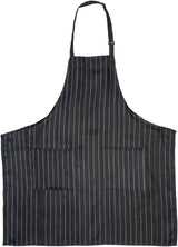 A chef-approved black bib apron with thin vertical white pinstripes, featuring two large front pockets and an adjustable neck strap. The apron is spread flat, highlighting its rectangular shape and curved top.