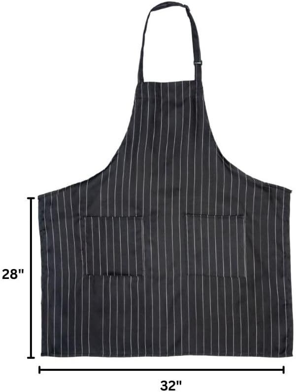 Chef approved bib apron with thin white vertical stripes, two front pockets, and an adjustable neck strap. Measures 28 inches high by 32 inches wide, with dimensions clearly labeled on the left and bottom sides.