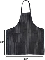 Chef approved bib apron with thin white vertical stripes, two front pockets, and an adjustable neck strap. Measures 28 inches high by 32 inches wide, with dimensions clearly labeled on the left and bottom sides.