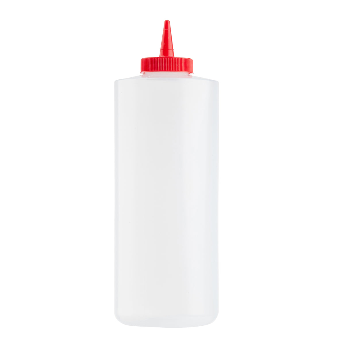 A clear, 32 oz. cylindrical Squeeze Bottle with a red twist-on cap and pointed nozzle, used for dispensing condiments. Upright and empty, it’s photographed against a plain white background and is dishwasher safe for easy cleaning.