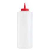 A clear, 32 oz. cylindrical Squeeze Bottle with a red twist-on cap and pointed nozzle, used for dispensing condiments. Upright and empty, it’s photographed against a plain white background and is dishwasher safe for easy cleaning.