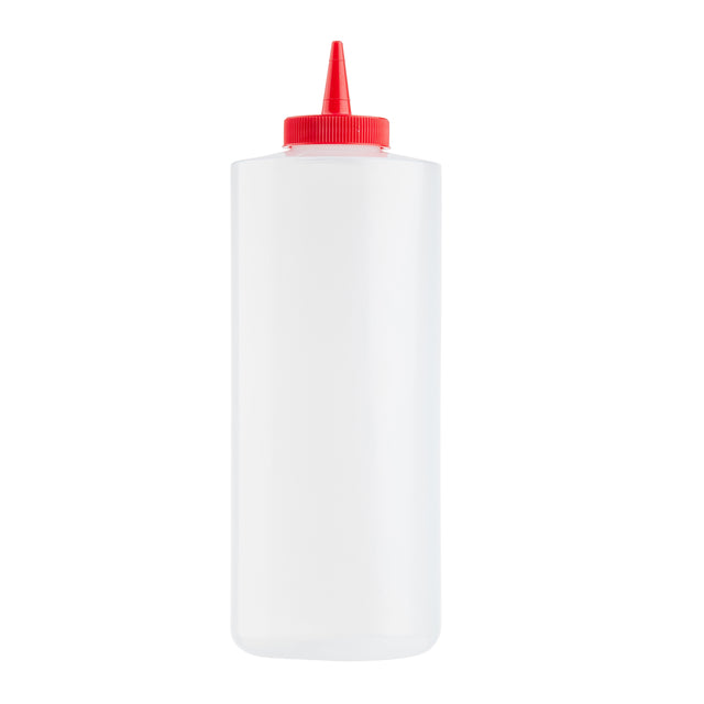 A clear, 32 oz. cylindrical Squeeze Bottle with a red twist-on cap and pointed nozzle, used for dispensing condiments. Upright and empty, it’s photographed against a plain white background and is dishwasher safe for easy cleaning.