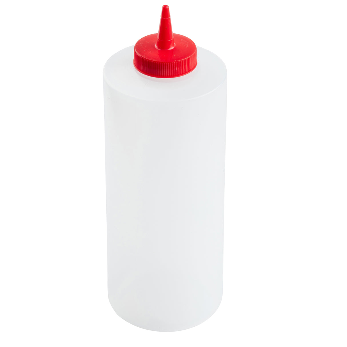 A clear 32 oz. Squeeze Bottle with a red, twist-on pointed cap, perfect for condiments or sauces. Cylindrical and empty, it stands upright against a plain white background and is dishwasher safe for easy cleaning.