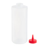 A translucent, empty 32 oz. squeeze bottle stands upright with its threaded neck open. Beside it is a separate red cap with a pointed nozzle for controlled dispensing. The dishwasher safe bottle is set against a plain white background.