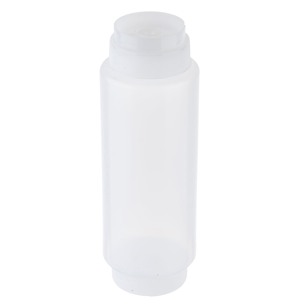A translucent, empty Squeeze dispenser bottle with a screw-on cap and small nozzle tip stands upright against a white background. Clean and unused, it is ideal for condiments or sauces and is dishwasher safe for easy cleaning.