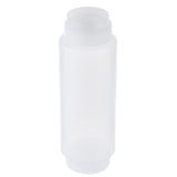 A translucent, empty Squeeze dispenser bottle with a screw-on cap and small nozzle tip stands upright against a white background. Clean and unused, it is ideal for condiments or sauces and is dishwasher safe for easy cleaning.