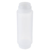 A translucent, empty Squeeze dispenser bottle with a screw-on cap and small nozzle tip stands upright against a white background. Clean and unused, it is ideal for condiments or sauces and is dishwasher safe for easy cleaning.
