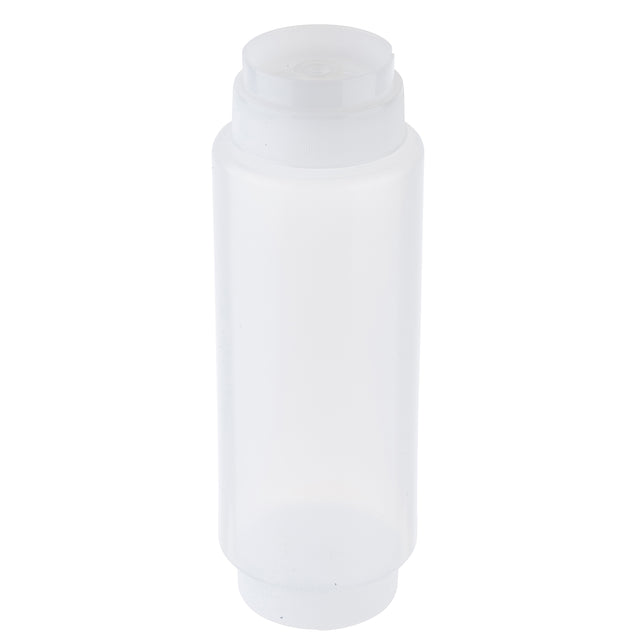 A translucent, empty Squeeze dispenser bottle with a screw-on cap and small nozzle tip stands upright against a white background. Clean and unused, it is ideal for condiments or sauces and is dishwasher safe for easy cleaning.