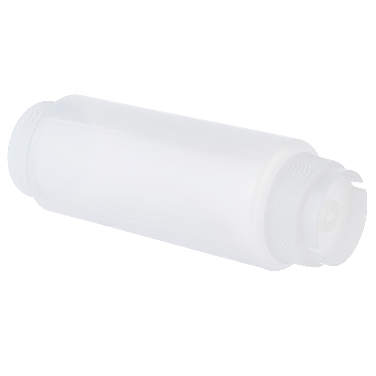 A translucent, empty 32 oz squeeze bottle with a round body and a flat, disc-style cap, lying horizontally on a white background. The nozzle is visible, and the NSF polyethylene dispenser appears unused and clean.
