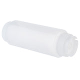 A translucent, empty 32 oz squeeze bottle with a round body and a flat, disc-style cap, lying horizontally on a white background. The nozzle is visible, and the NSF polyethylene dispenser appears unused and clean.