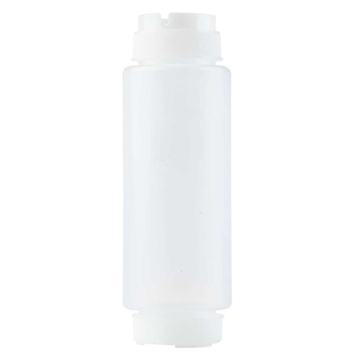 A clear, cylindrical 32 oz squeeze bottle with a white screw-on cap is centered on a plain white background. This NSF polyethylene dispenser has both top and bottom caps visible, giving the Invertatop Squeeze Dispenser a clean, simple appearance.