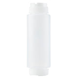 A clear, cylindrical 32 oz squeeze bottle with a white screw-on cap is centered on a plain white background. This NSF polyethylene dispenser has both top and bottom caps visible, giving the Invertatop Squeeze Dispenser a clean, simple appearance.