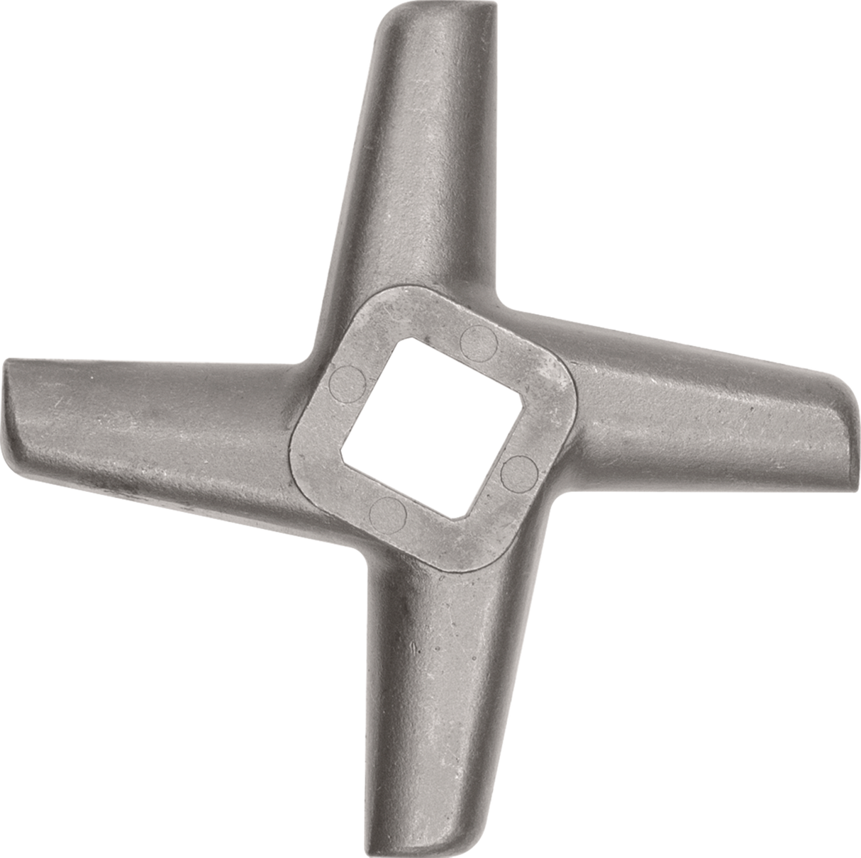 A #32/#46 knife metal meat grinder blade with four thick, slightly curved blades and a square central hole, viewed from above on a white background. The matte surface appears worn from use.
