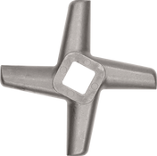 A #32/#46 knife metal meat grinder blade with four thick, slightly curved blades and a square central hole, viewed from above on a white background. The matte surface appears worn from use.