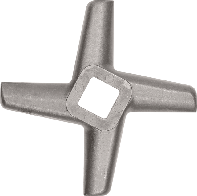 A #32/#46 knife metal meat grinder blade with four thick, slightly curved blades and a square central hole, viewed from above on a white background. The matte surface appears worn from use.