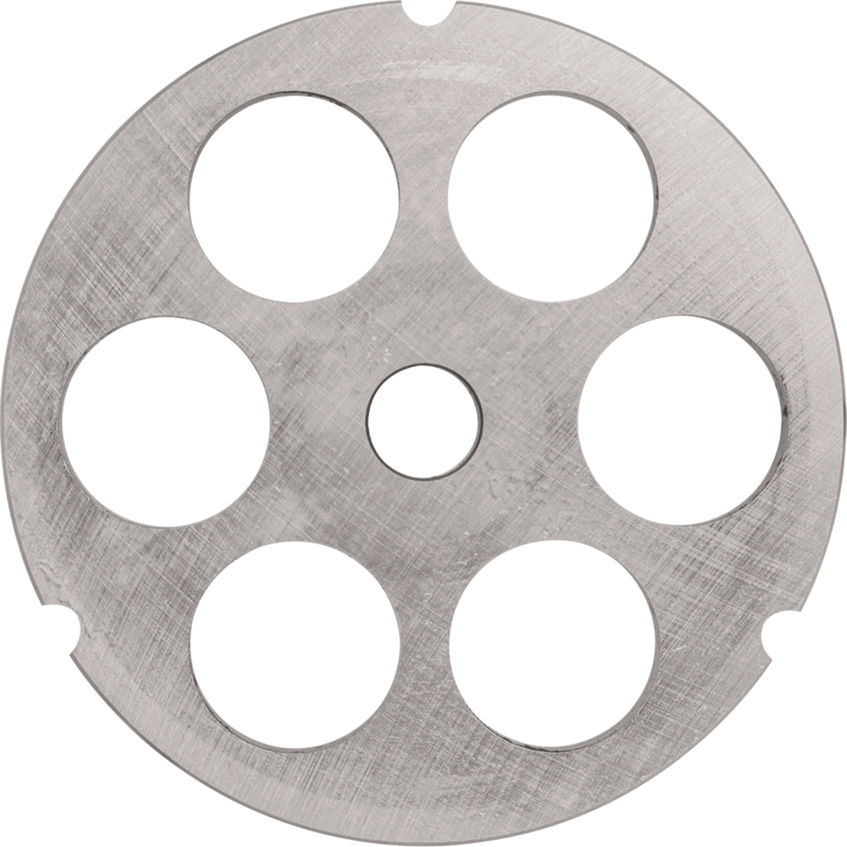 A round, silver metal Stay Sharp plate with a brushed texture has six large, evenly spaced circular holes around a smaller central hole. Three small notches on the outer edge suggest its designed for use with the Hobart 3246PLT grinder or cutting tool.
